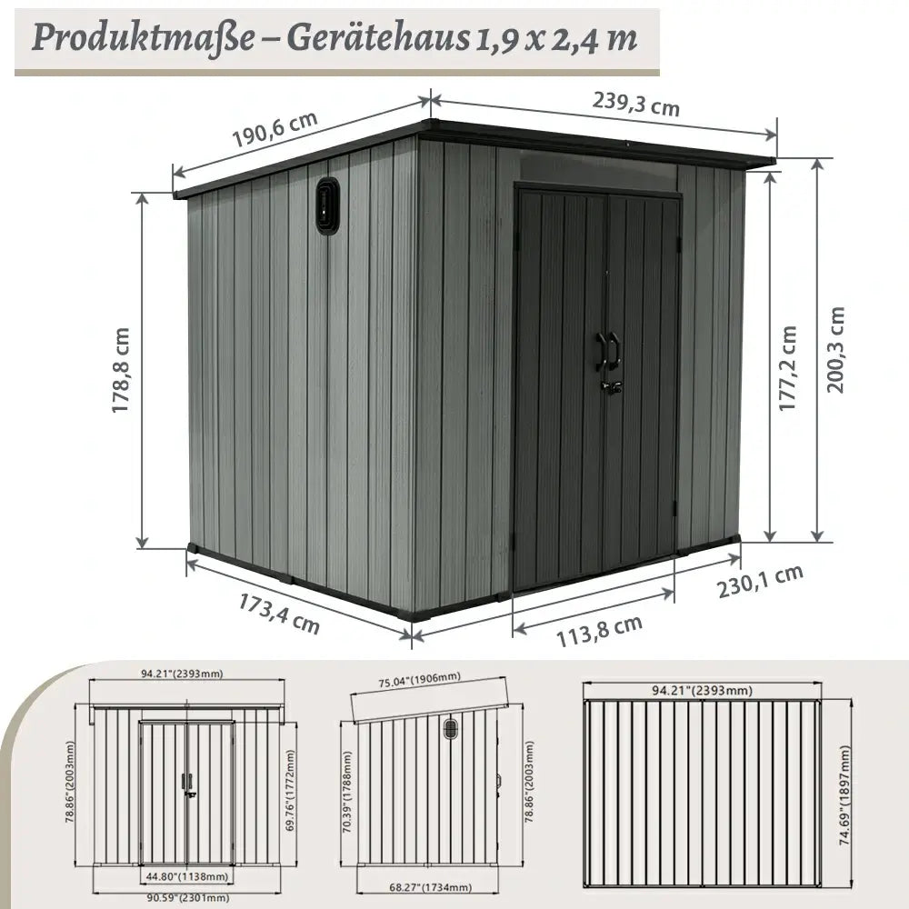 Domi Kunstharz-Gerätehaus mit Pultdach in Grau#Größe_1,9 x 2,4 m
