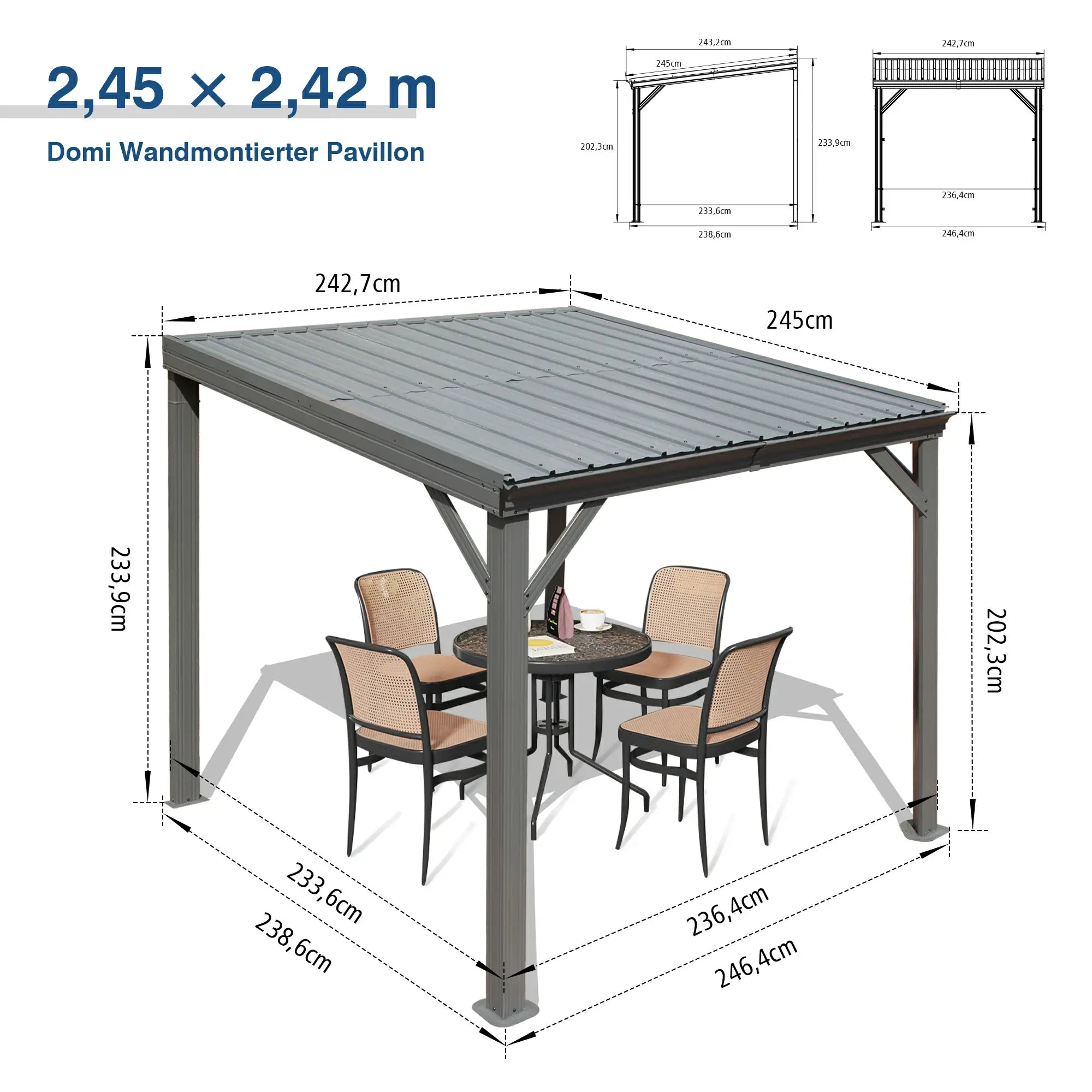 Domi Wandpavillon aus verzinktem Stahl mit Regenrinne in Grau#Größe_2,45 x 2,42 m