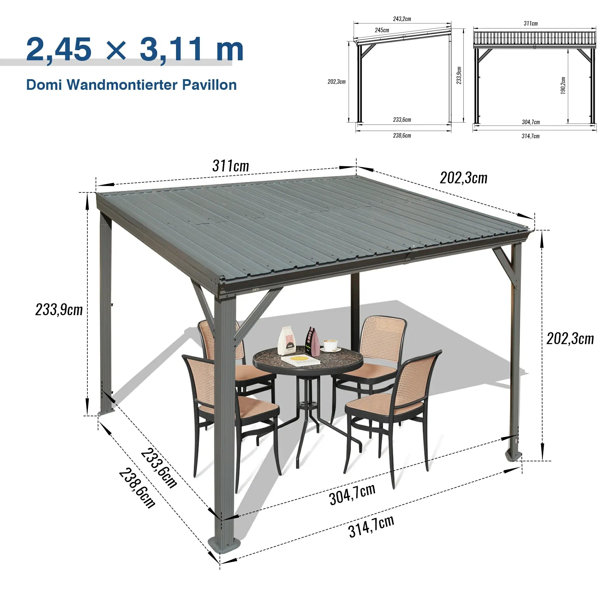 Domi Wandpavillon aus verzinktem Stahl mit Regenrinne in Grau#Größe_2,45 x 3,11 m
