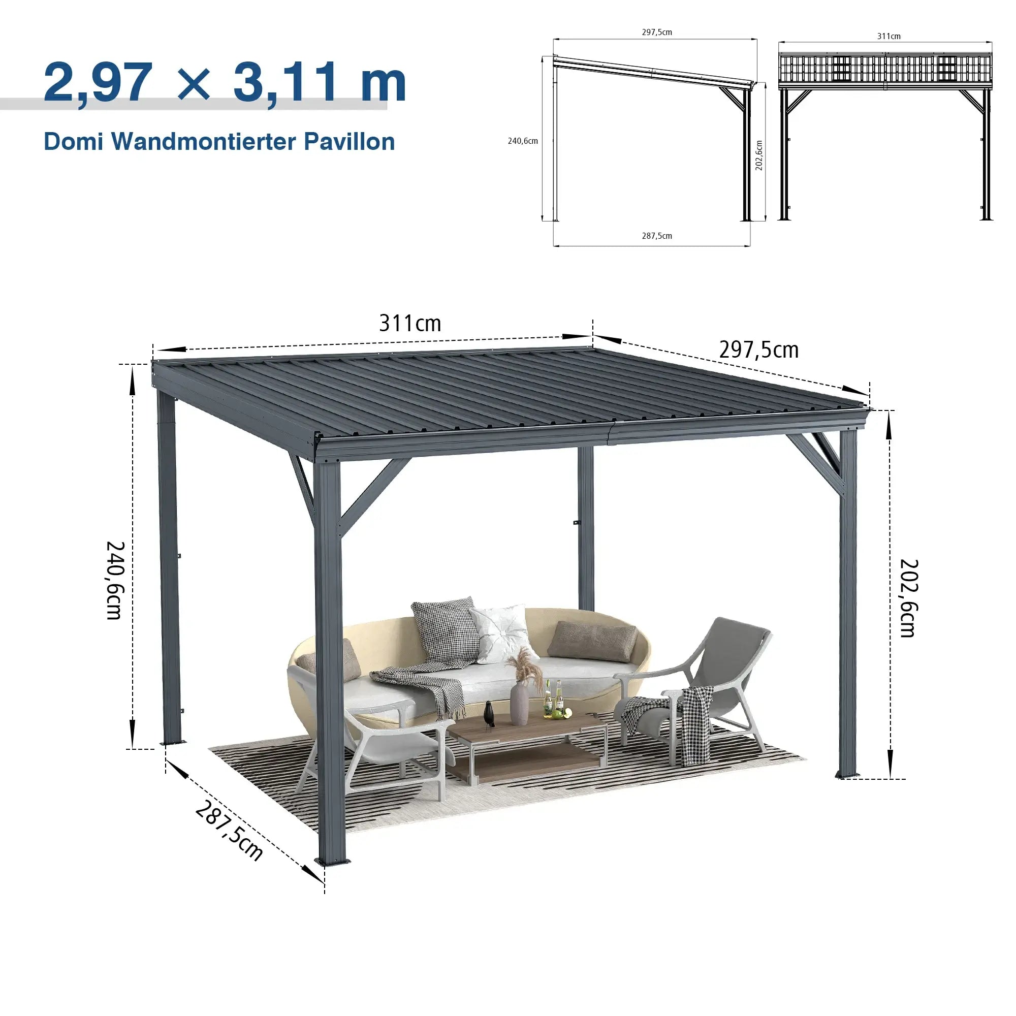 Domi Wandpavillon aus verzinktem Stahl mit Regenrinne in Grau#Größe_2,97 x 3,11 m
