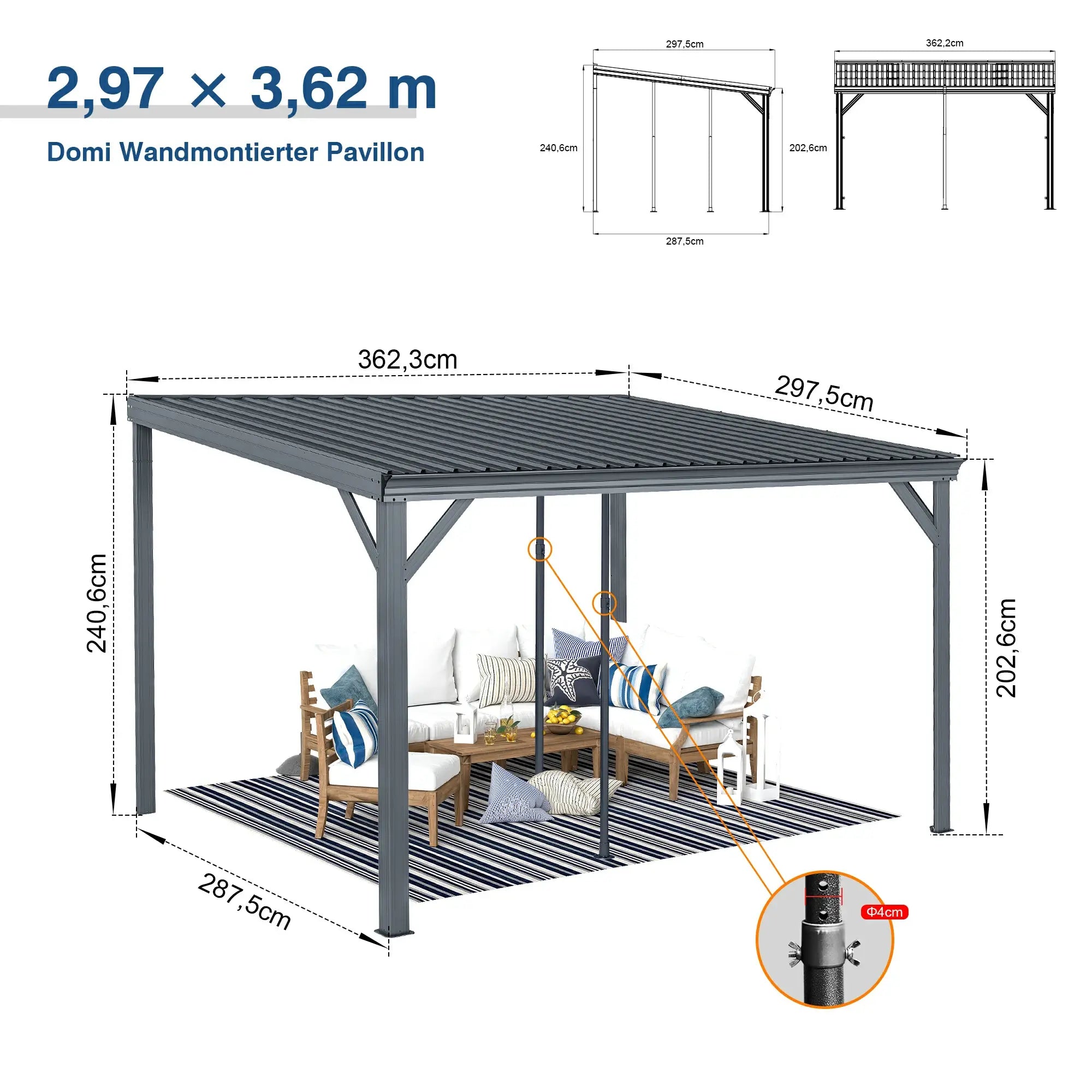 Domi Wandpavillon aus verzinktem Stahl mit Regenrinne in Grau#Größe_2,97 x 3,62 m