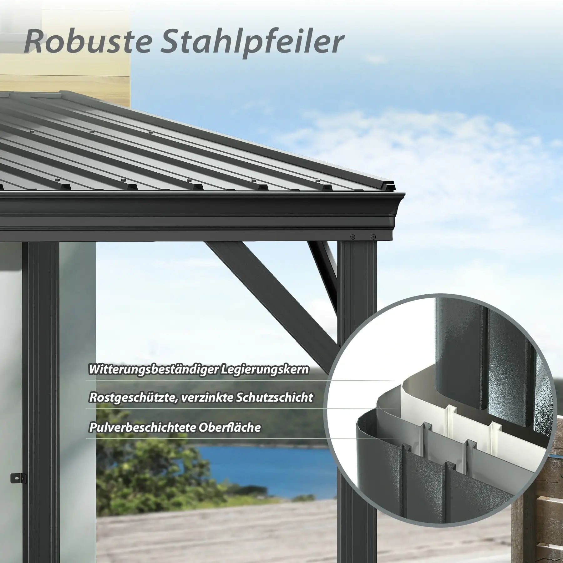 Domi Wandpavillon aus verzinktem Stahl mit Regenrinne in Grau#Größe_2,97 x 3,62 m