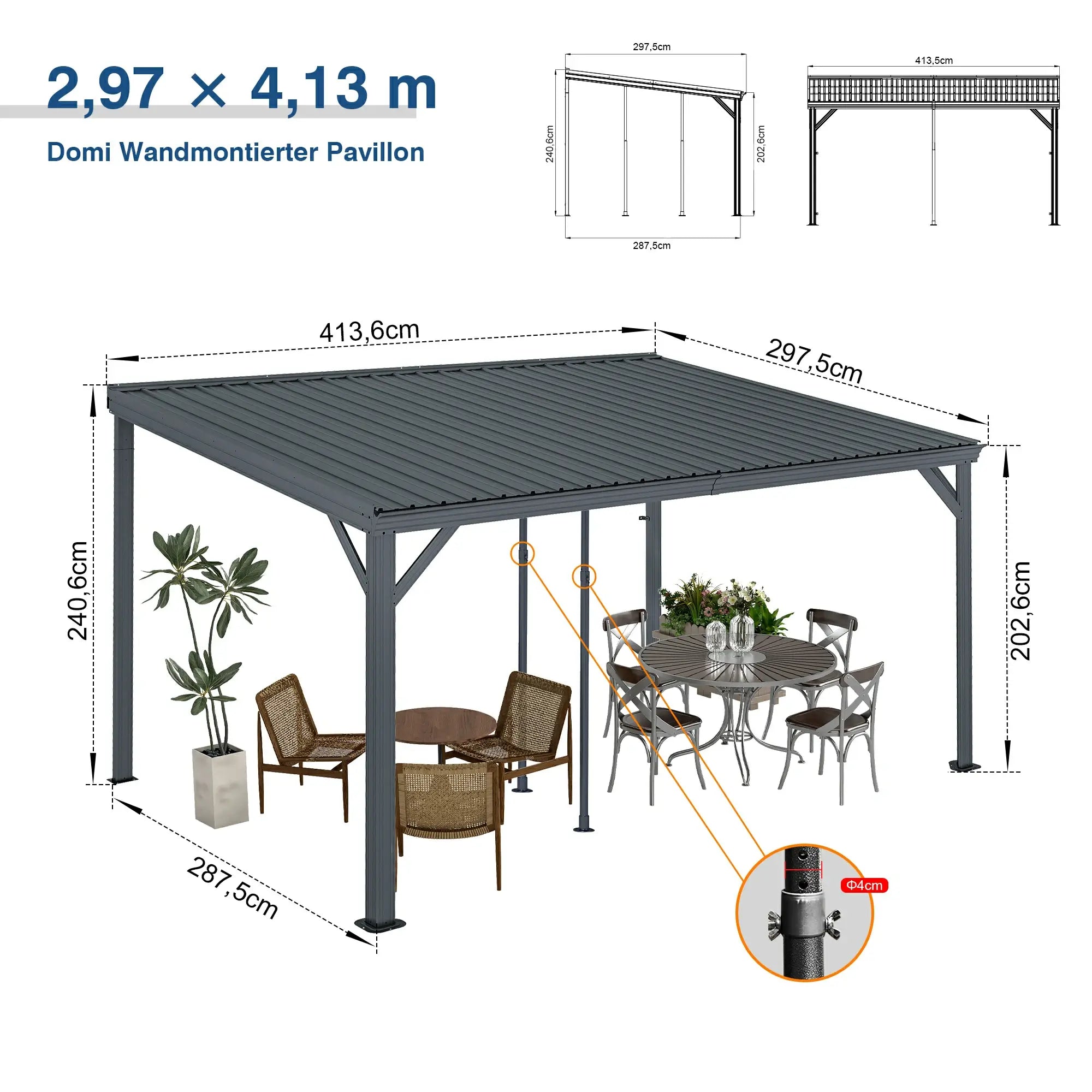 Domi Wandpavillon aus verzinktem Stahl mit Regenrinne in Grau#Größe_2,97 x 4,13 m