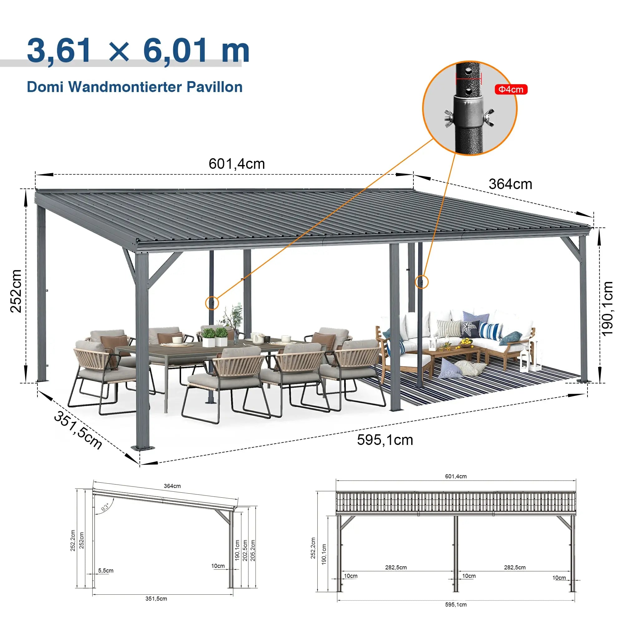 Domi Wandpavillon aus verzinktem Stahl mit Regenrinne in Grau#Größe_3,64 x 6,01 m